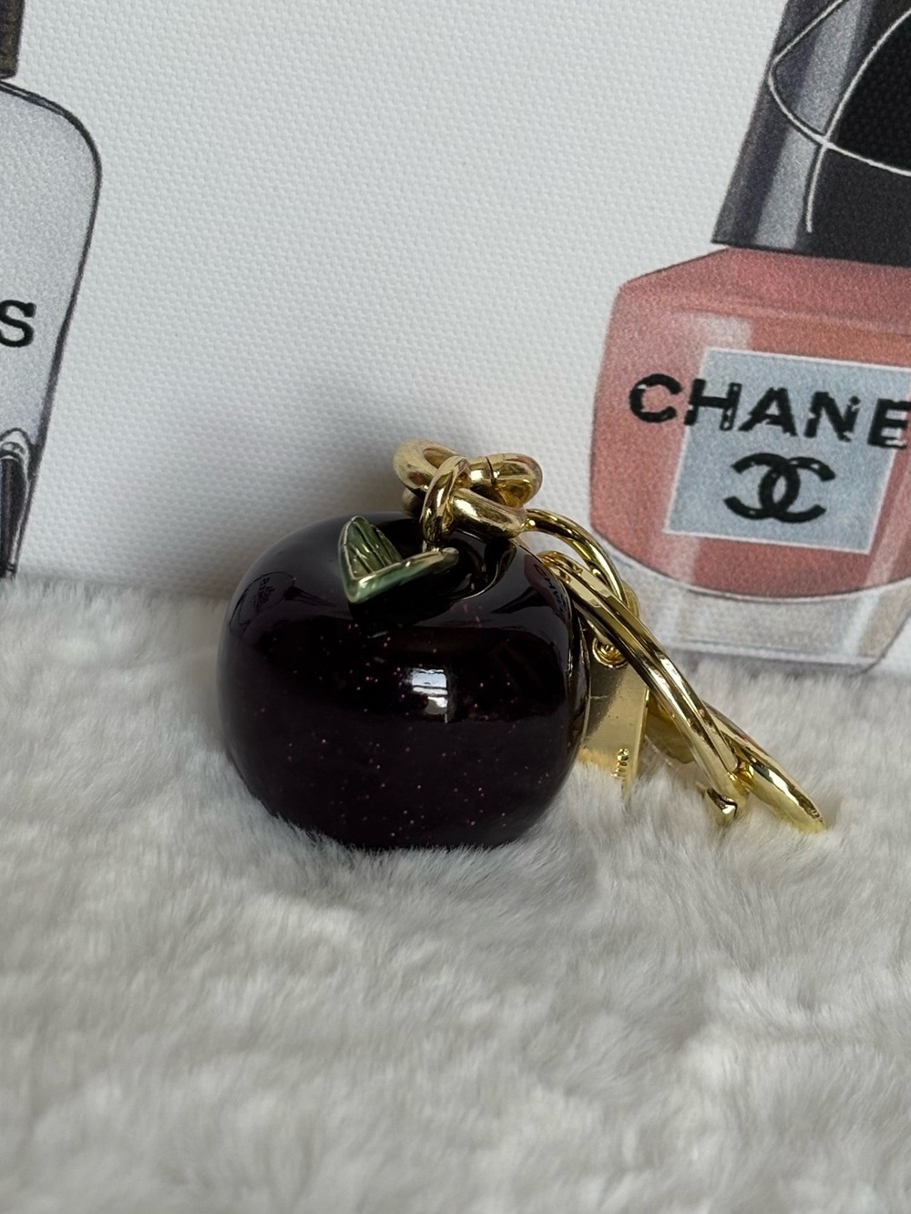 Black Apple Keychain with Gold Hardware